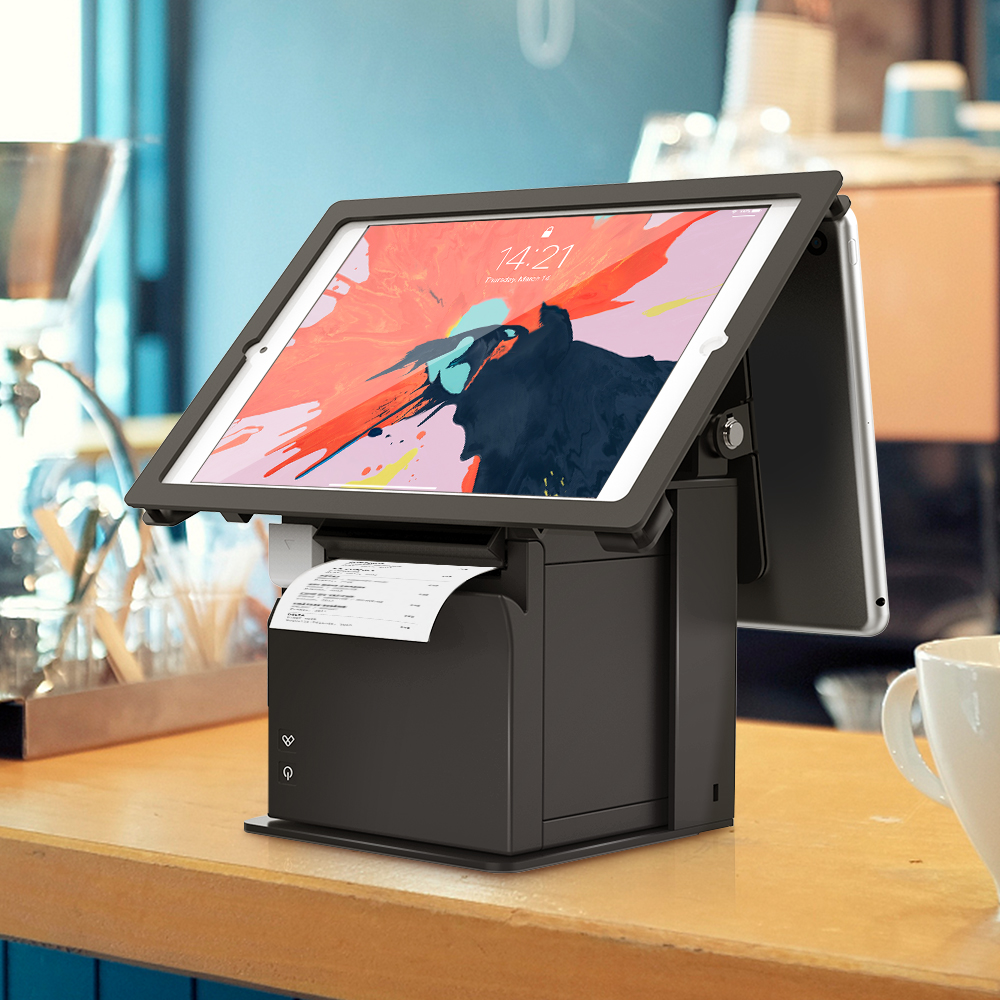 Beelta dual tablet kiosk with printer space 